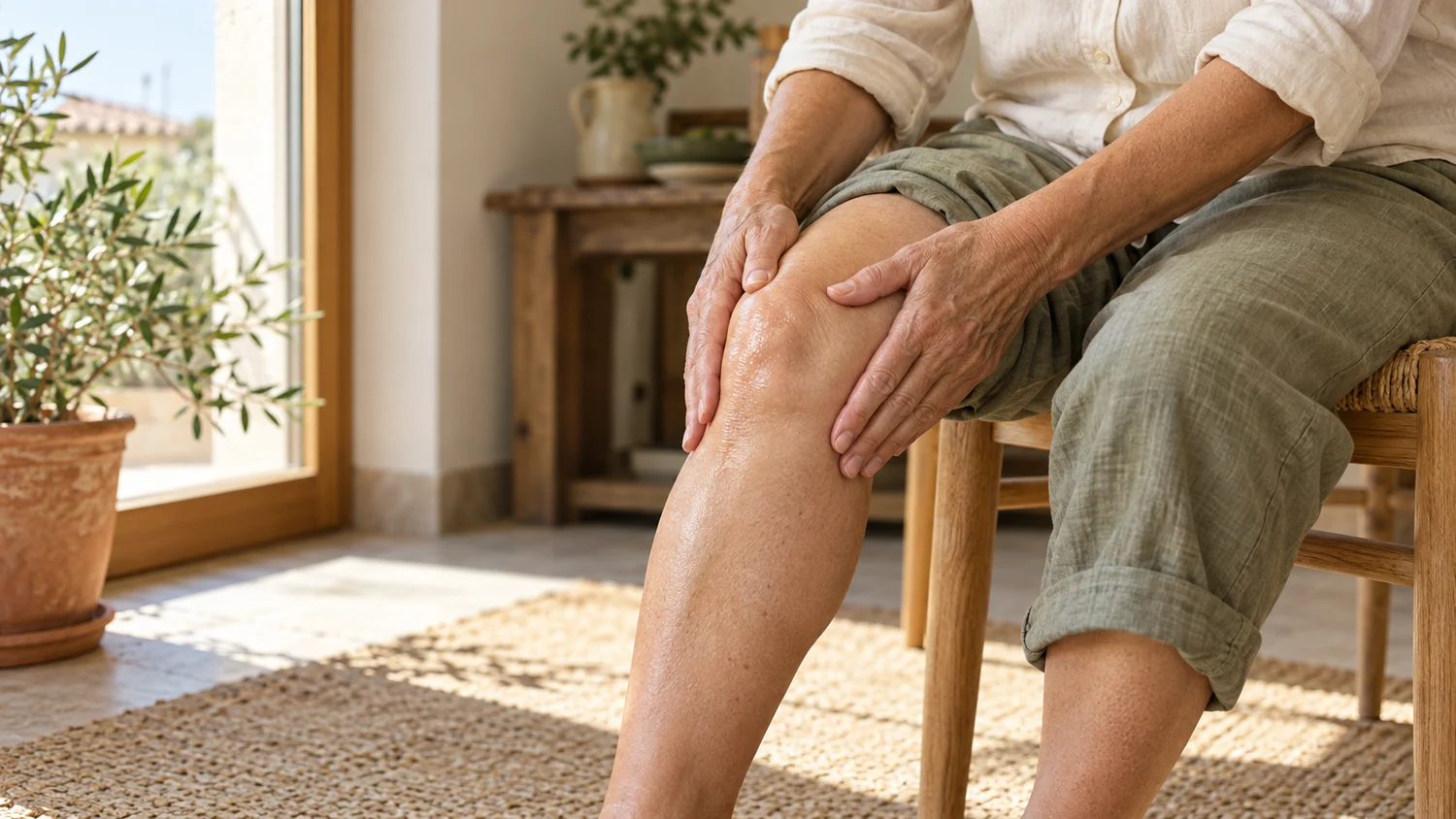 Scena illustrativa di una donna adulta che massaggia delicatamente la pelle intorno al ginocchio